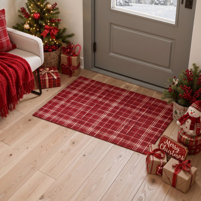 Tapis de salon lavable à carreaux tartan classiques rouges et blancs, à poils courts, idéal pour Noël
