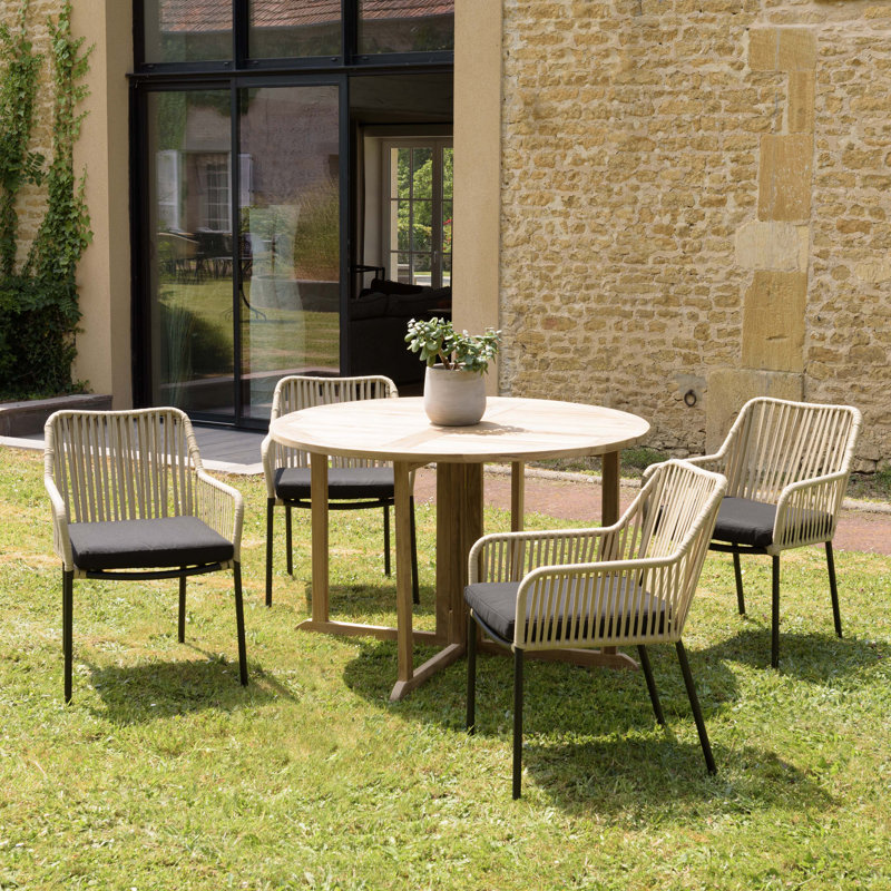 Macalester 4 - Person Patio Dining Set with Round Table , Cushions Included, Cream/Black, Black
