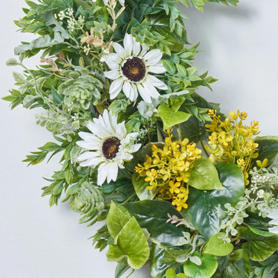 Couronne de tournesol blanche, hortensia jaune et feuille de pomme de terre