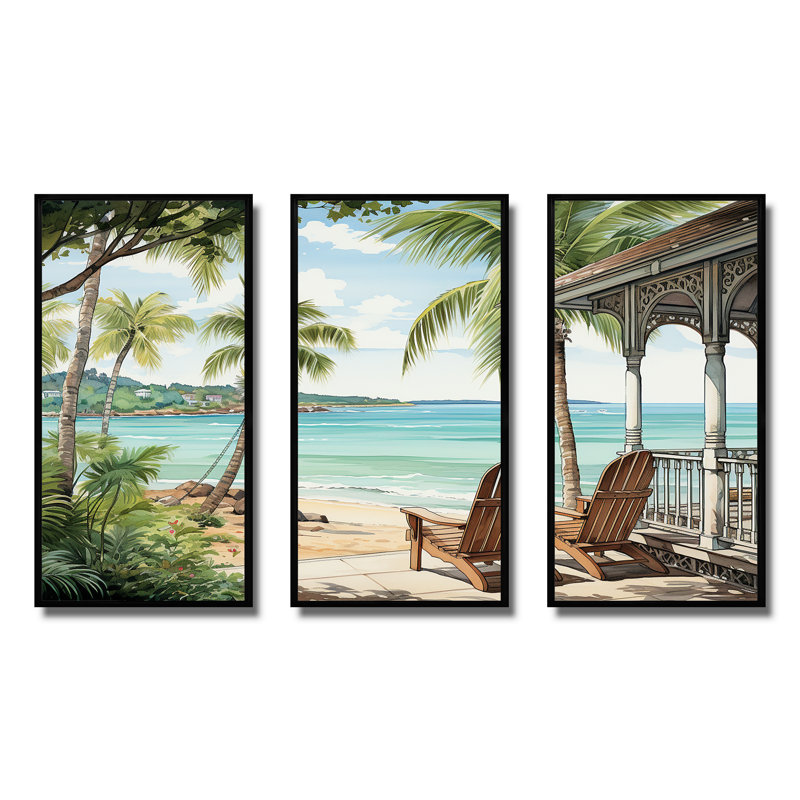 «Island Serenity Chairs By The Beach» - art mural bord de mer tropical, Cadre flottant noir, H 28 po x l 36 po x P 1 po
