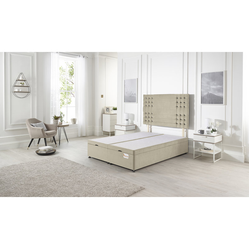 Luxara Solid Wood Ottoman Bed End Opening with Upholstered Headboard Tweed Fabric, Natural Tweed, Kingsize (5')
