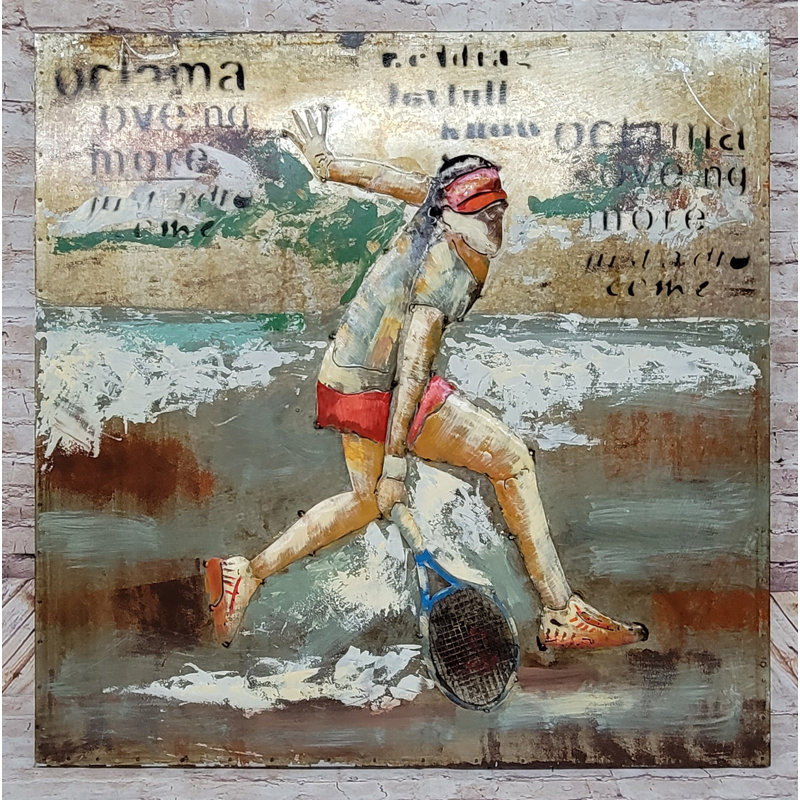 Féminin, joueuse de tennis, art mural mixte, peinture 3D, découpe en métal