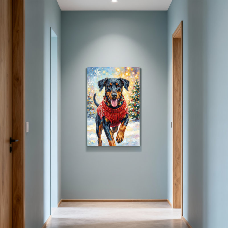 Animaux, chien, chandail rouge, scène de Noël, H 36 po x l 24 po