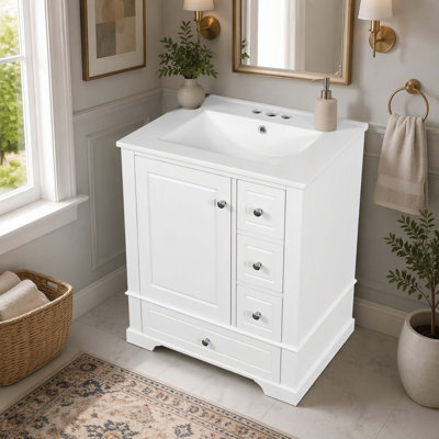 Meuble-lavabo 24 po avec lavabo et tiroirs, meuble-lavabo autoportant noir avec plateau en céramique et tablettes de rangement, panneau de fibres à densité moyenne et base en bois massif, meuble-lavabo moderne pour petites salles de bain
