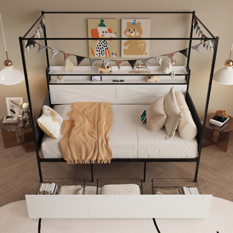 Lit simple moderne avec 3 tiroirs de rangement sous le lit, lumières DEL et station de charge pour plus de sécurité et de commodité