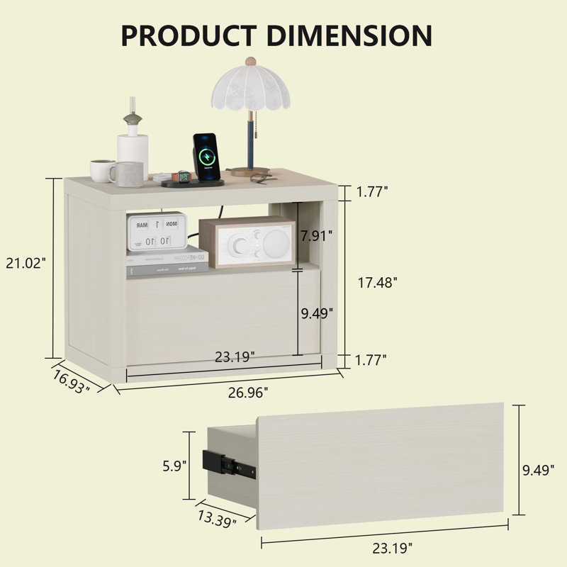  Table de chevet de 27 po de large beige, Individuel, 26.96", Light Oak