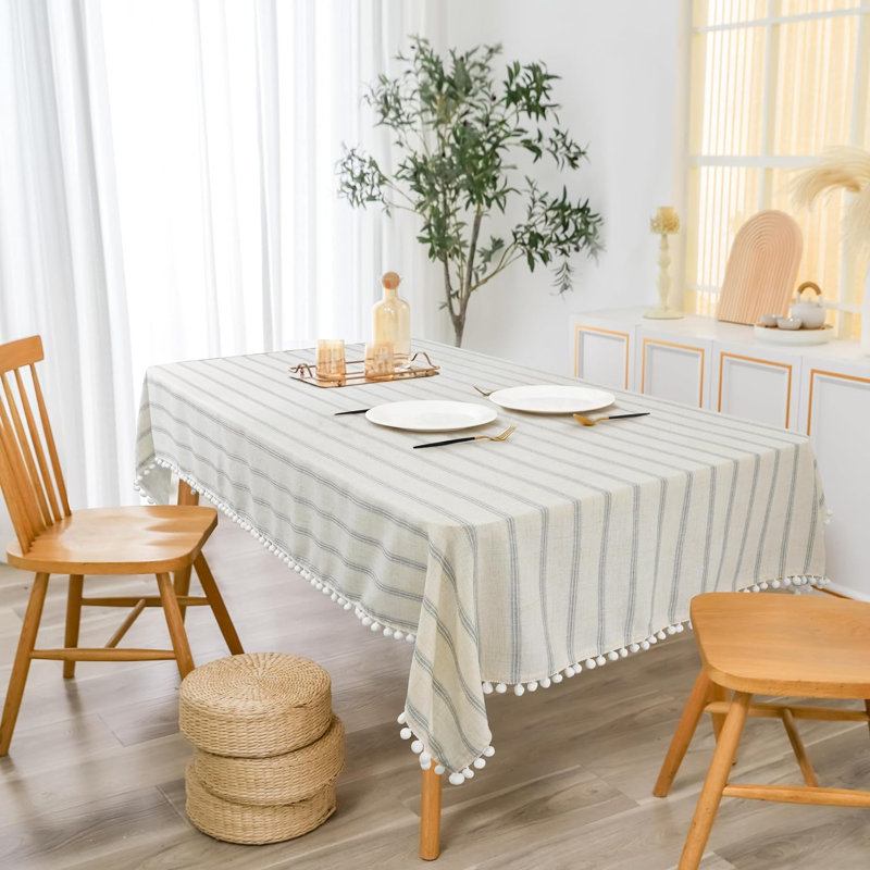Farmhouse Striped Tablecloths Wrinkle Resistant with Pom Pom Tassel Fall Holiday tablecloths, 102" x 54", Gray