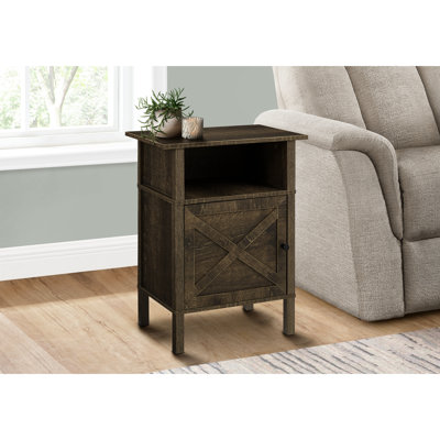 Élégante table de bout en stratifié de chêne foncé, style transitionnel pour les petits espaces, avec tablette ouverte et espaces de rangement spacieux en stratifié, armoire de rangement