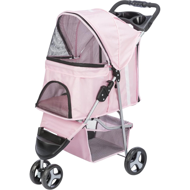 Foldable Pet Stroller For Cats And Dogs, Pet Carrier Strolling Cart With Weather Cover, Storage Basket, Cup Holder