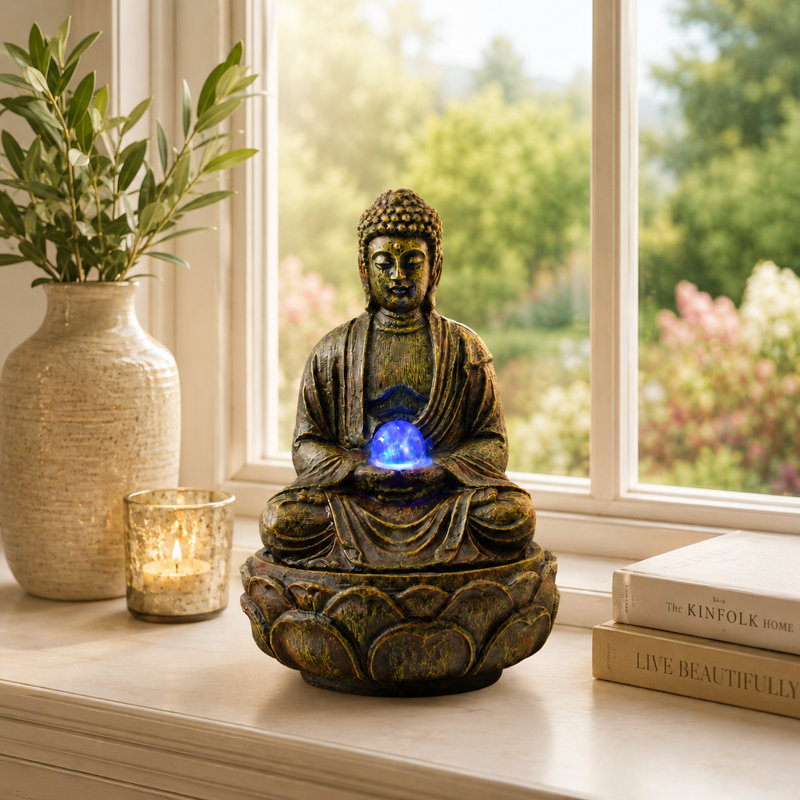 Fontaine de table de Bouddha lumineuse en résine 11 "à DEL pour bureau, salon, chambre à coucher et espace de méditation