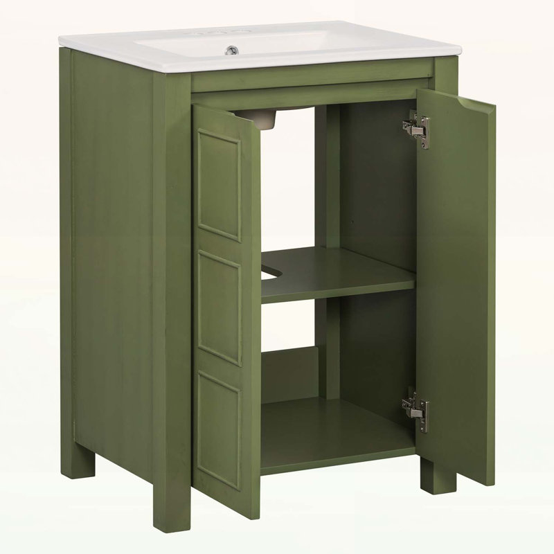 Meuble-lavabo vintage de 24 po avec lavabo en céramique, 2 portes à fermeture douce, parfait pour les petites salles de bain