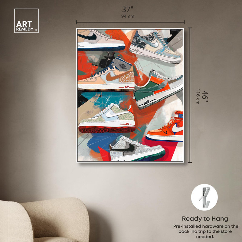 Sneaker, peinture, collage, toile, art tendance par Art Remedy, H 46 po x l 37 po x P 1,8 po, Cadre blanc
