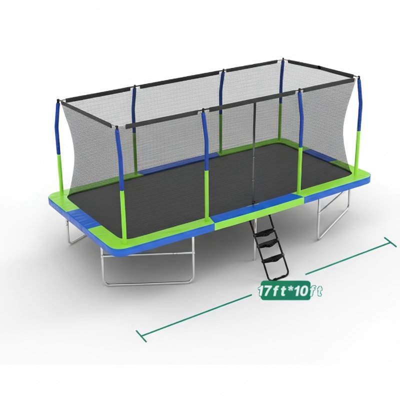 Ensemble de trampoline 10 x 17 pieds en bleu et vert, comprend les composants A, B, C et D.