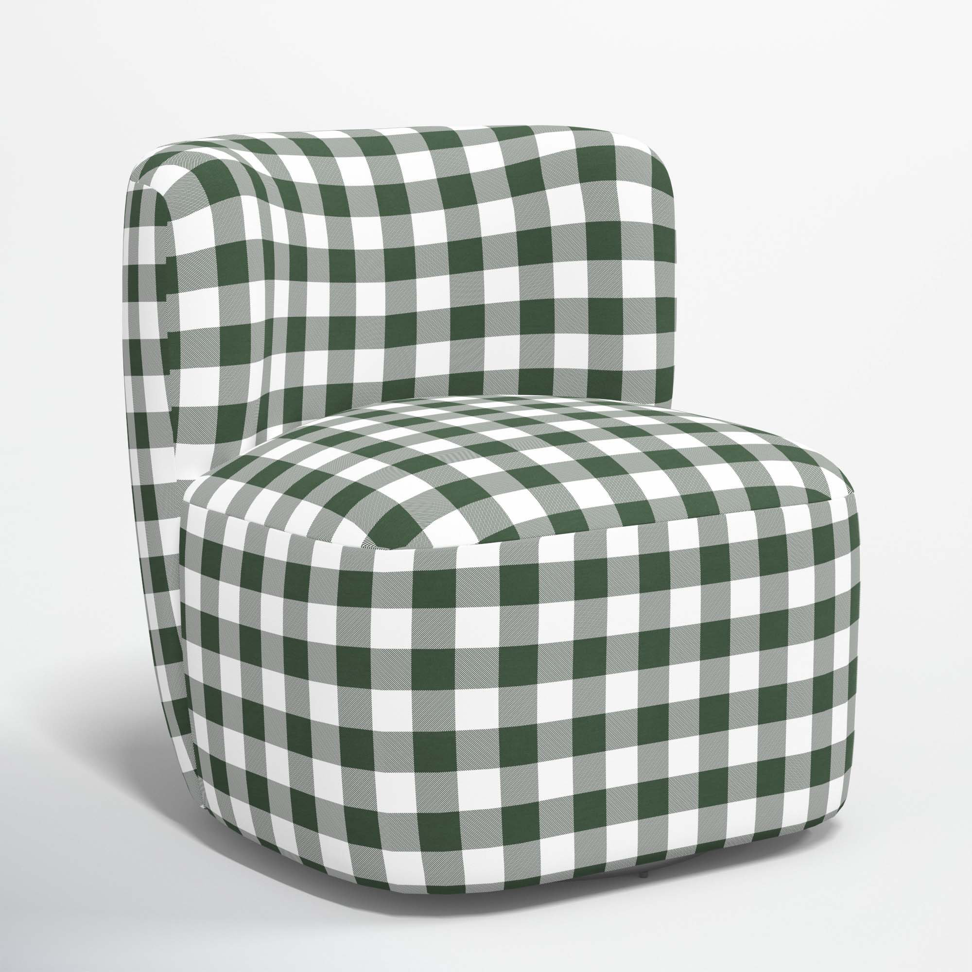 Mariza Upholstered Swivel Slipper Chair, Classic Gingham Evergreen