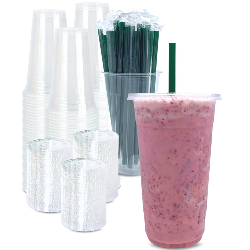 [100 SETS] 32 Oz Clear Plastic Cups With Lids And STRAWS, Disposable Drinking Cups For Cold Drinks, Iced Coffee, Milkshakes, Smoothies