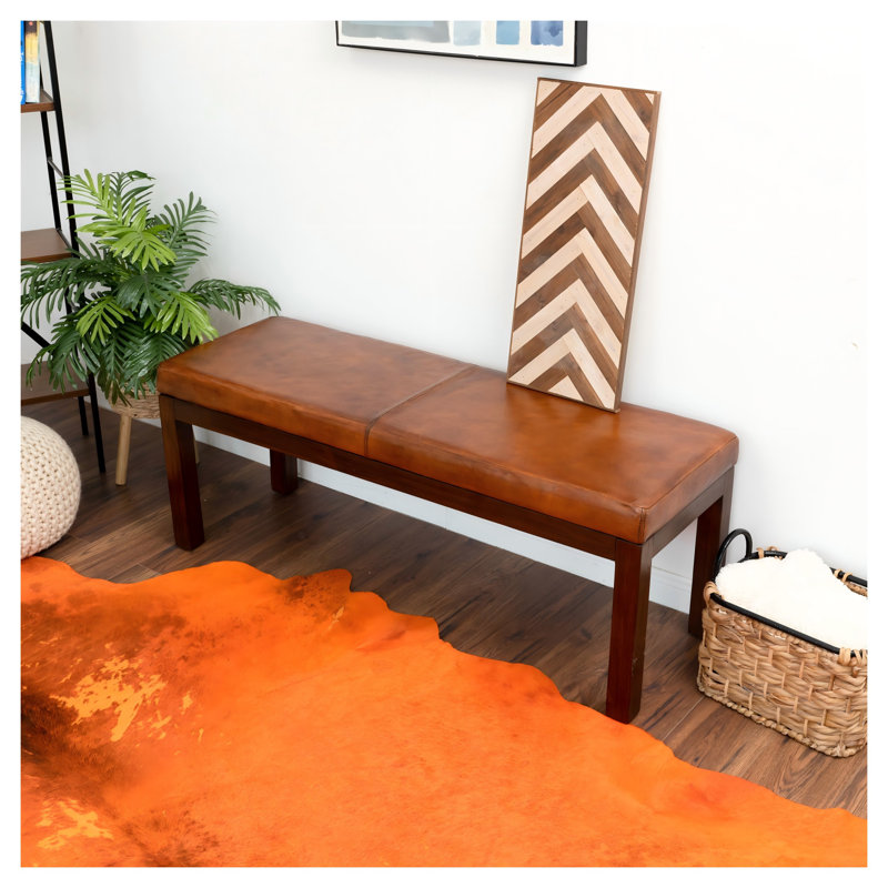 Banc en cuir véritable Austin Mid-Century moderne avec cadre en bois massif brun clair Austin