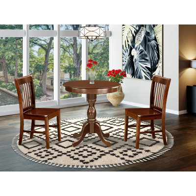  3 Piece Kitchen Table Set for Small Spaces Contains a Round Dining Room Table with Pedestal and 2 Dining Chairs, 30x30 Inch, Mahogany