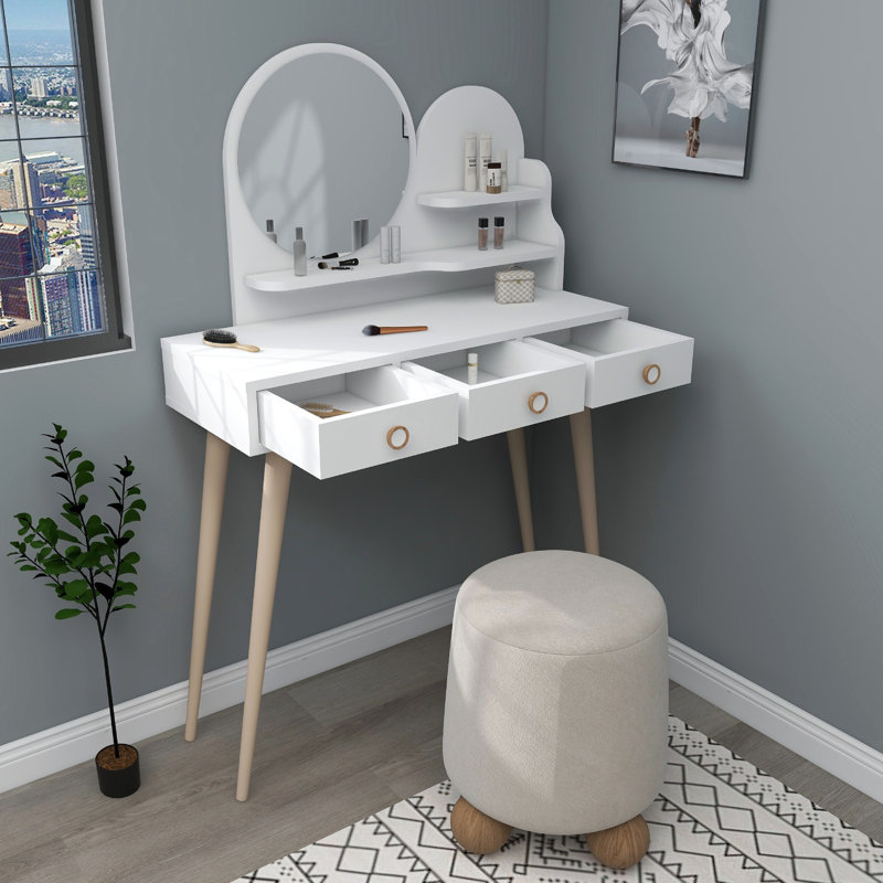 Elegant Make-Up Table with Mirror, White, 51.4 x 29.1 x 13.8 inches | 100% Melamine Coated Particle Board, Thickness: 0.7 inches | Beechwood Legs | Modern Design for Stylish Dressing Areas & Beauty Rooms