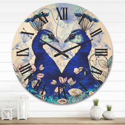 Horloge murale en bois deux paons avec fleurs sauvages