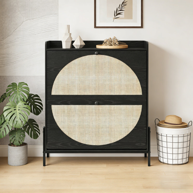 2-Drawer Rattan Front Shoe Cabinet, Narrow Black Entryway Storage With Flip Doors & Adjustable Shelves, Black
