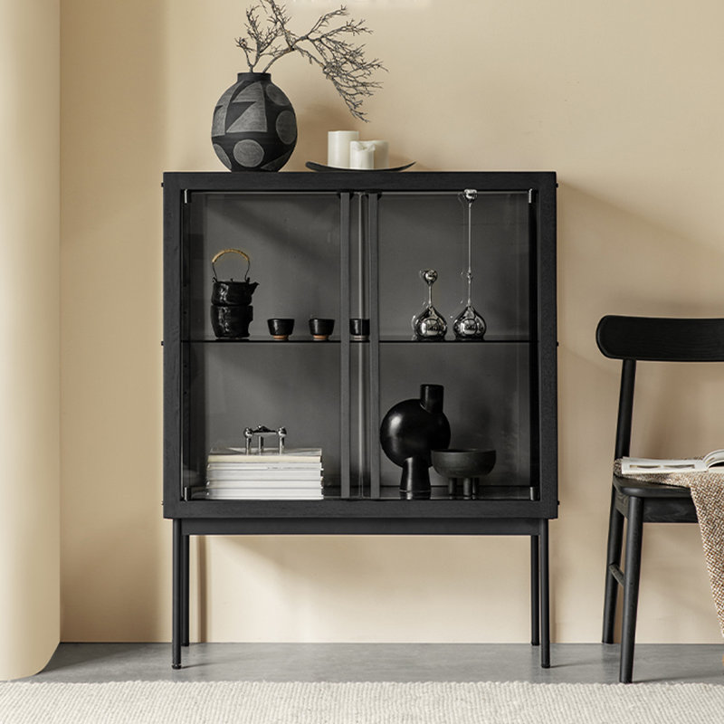 Black Solid Wood+Stainless Steel+Tempered Glass Display Cases, 44.09" H x 29.53" W x 14.17" D