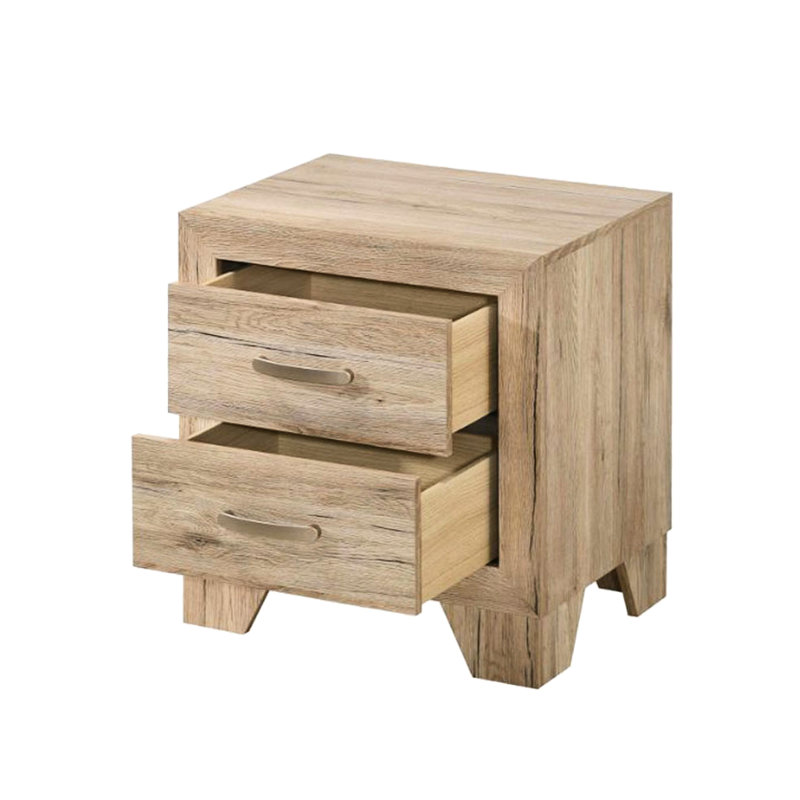 Table de chevet 2 tiroirs dans un décor de chambre à coucher naturel - panneau de particules et poignée en métal, pieds fuselés de 4 po 2 pieds de décoration