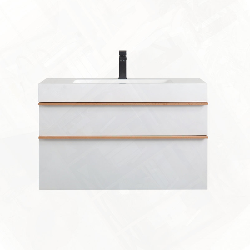 Meuble-lavabo mural moderne avec lavabo en acrylique intégré et tiroirs, Blanc, 36"