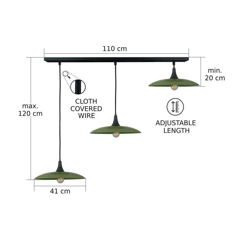 - Light Matte Black Dome Pendant, Black/Khaki, 3 Lights, 120cm H x 130cm W x 41cm D
