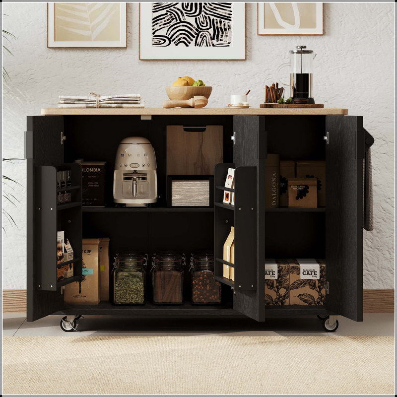 Îlot de cuisine cannelé 51 po avec abattant, supports internes et placage de frêne - frêne noir