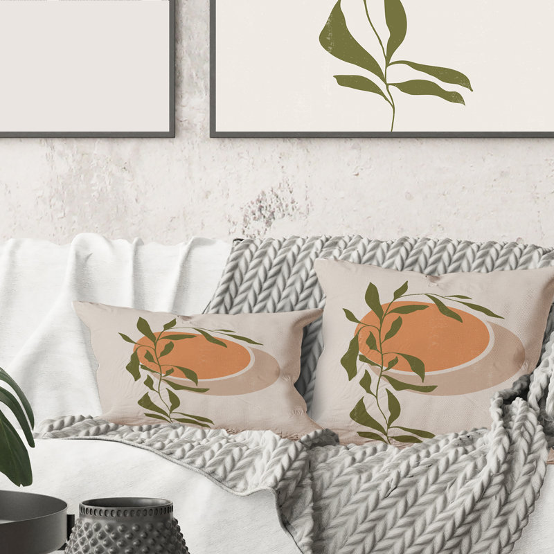 Rectangle, abstrait soleil orange et lune avec feuille tropicale - coussin décoratif imprimé moderne