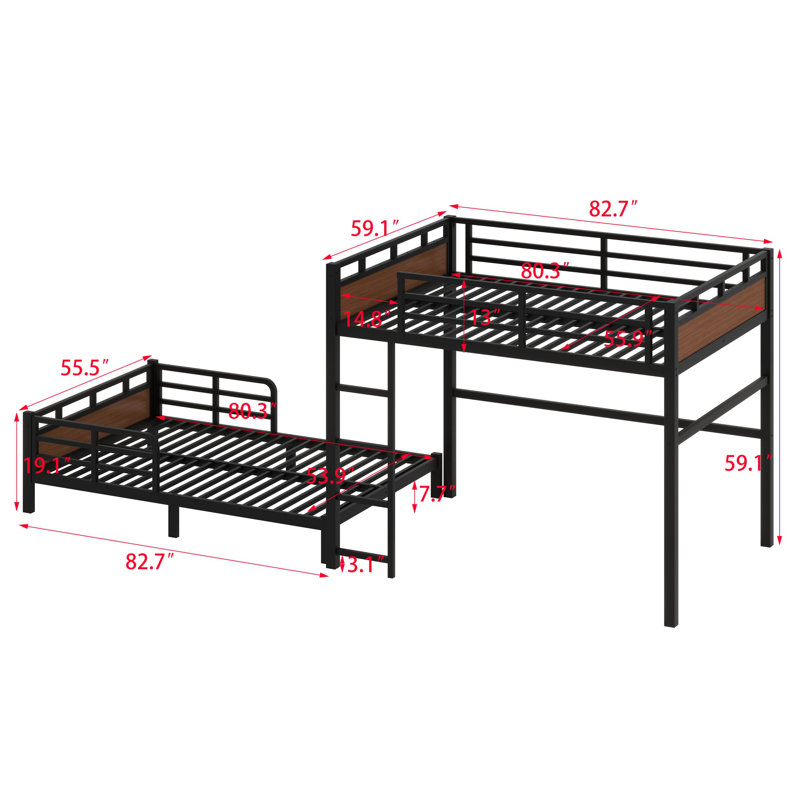 Metal Separable Bunk Beds With Raised Security Fence, Walnut