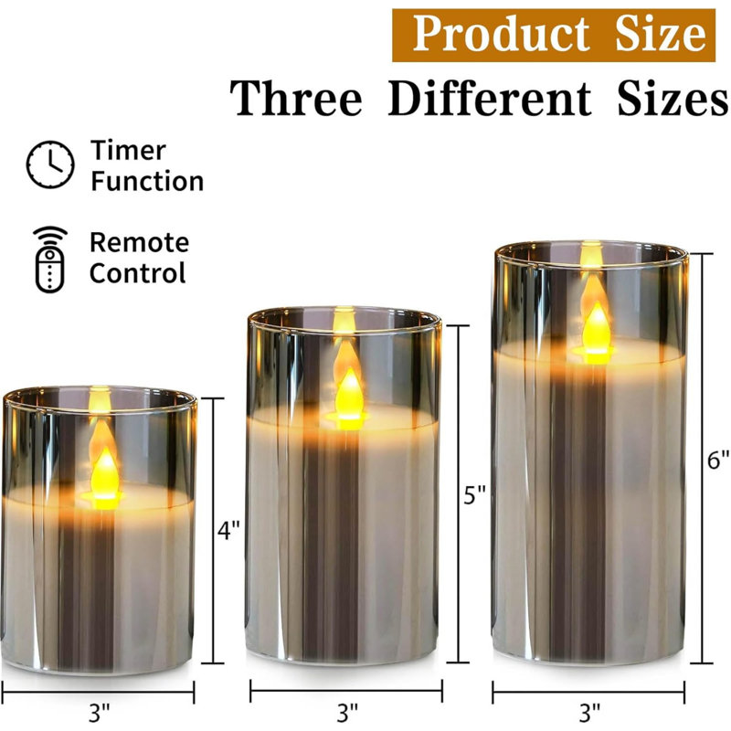 Led Flameless Candles, Battery Operated Flickering Candles Pillar Real Wax Moving Flame Electric Candle Sets Gold Glass Effect with Remote Timer, 4 in, 5 in, 6 in (Grey)