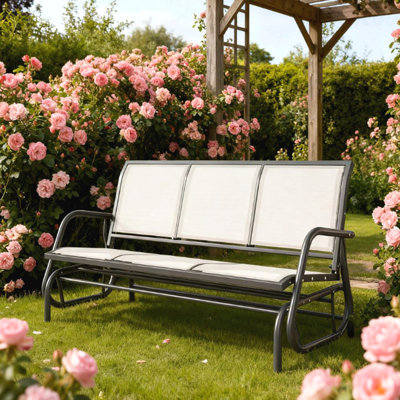 Porch Glider Swing With 3 Seats,3-Person Outdoor Patio Glider Bench,Breathable Mesh Fabric, Metal Frame