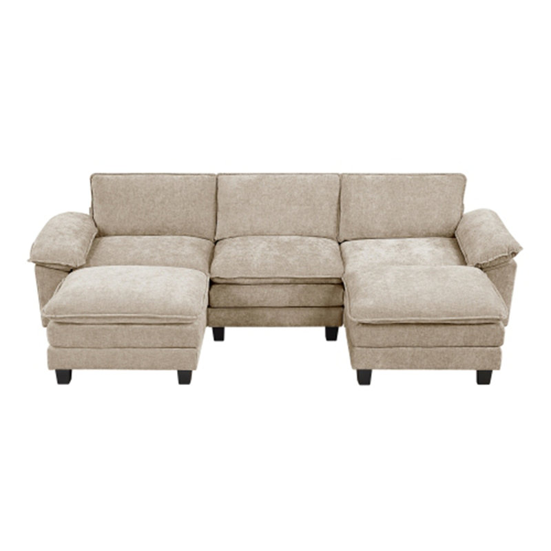 Canapé modulaire contemporain 5 pièces avec repose-pieds - Revêtement en chenille taupe de qualité supérieure et structure robuste en contreplaqué