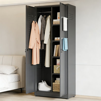 71.4" Metal Broom Closet W/ Hooks, Rods, Pegboard & Shelf, For Garage Laundry