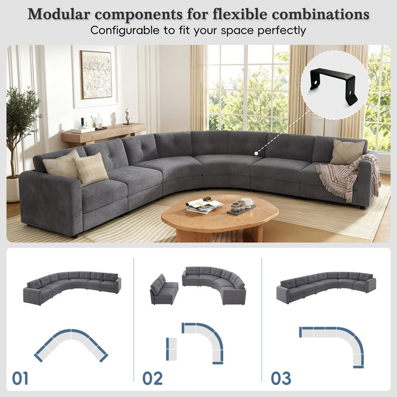 Canapé modulaire incurvé modulaire avec dossier capitonné 6 pièces Roomfitter, gris, L 136,5 po, Gris chenille