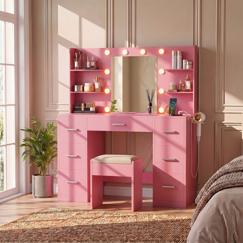 Coiffeuse de maquillage avec prise de courant rapide de type C de 20 W et 3 modes de luminosité réglables, Rose clair