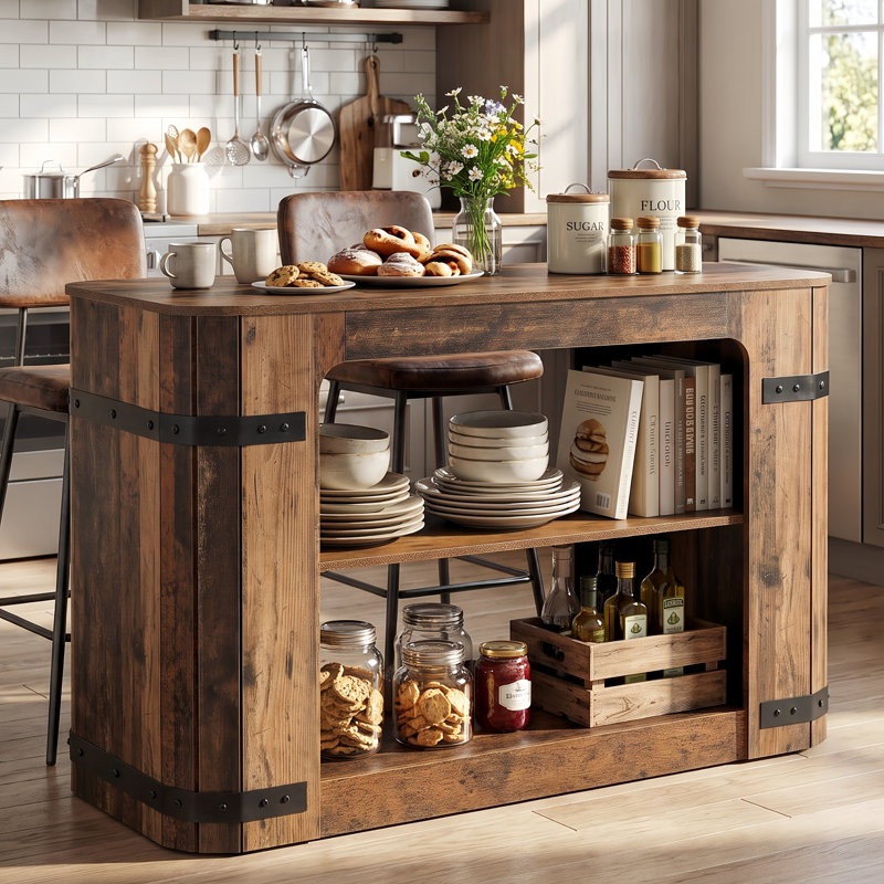 Îlot de cuisine rustique de 55 po avec tablettes de rangement, table de bar industrielle avec détails en métal noir et espace pour les jambes, table de pub peu encombrante pour les petites cuisines