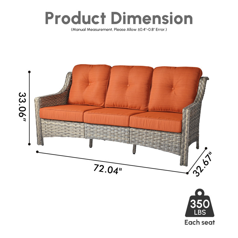 Emanuell Wicker Outdoor Patio Sofa With Cushions, Orange Red