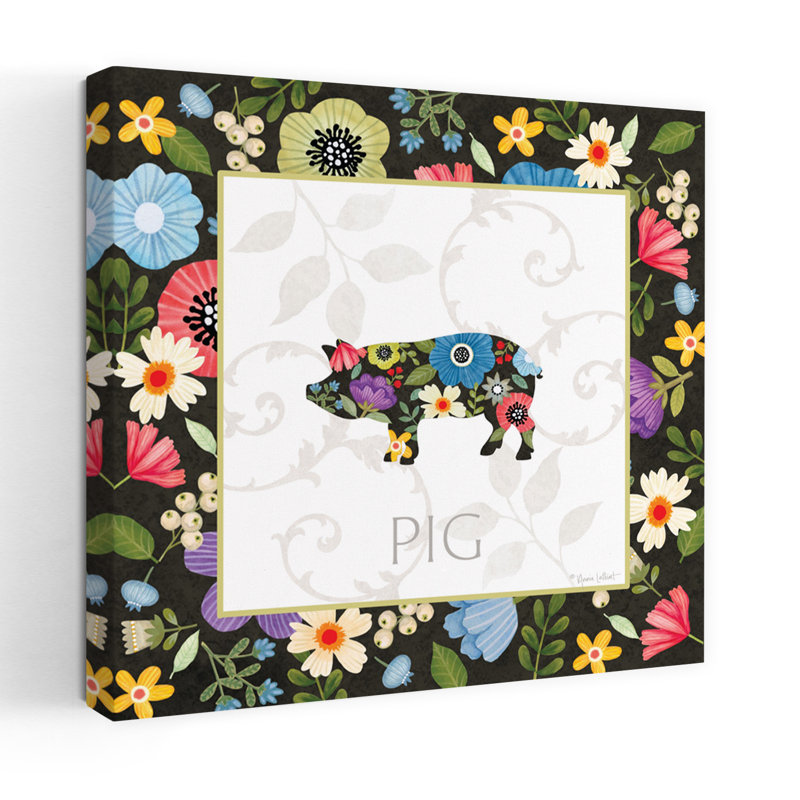 Art contemporain cochon de ferme avec fleurs printanières, H 36 po x l 36 po
