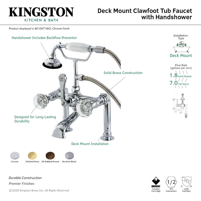 Kingston Brass Celebrity Three-Handle 2-Hole Deck Mount Clawfoot Tub Faucet with Hand Shower, Oil Rubbed Bronze