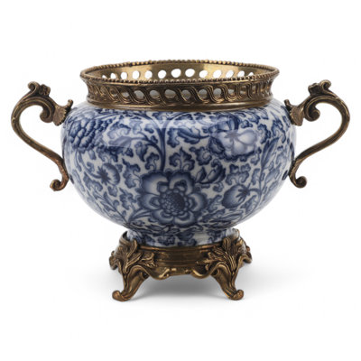 Porcelain Planter With Bronze Ormolu Blue And White Floral