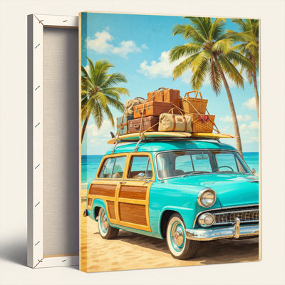 Ensemble de 1 tableau sur toile représentant une scène de plage tropicale avec une familiale vintage et des bagages sur le toit