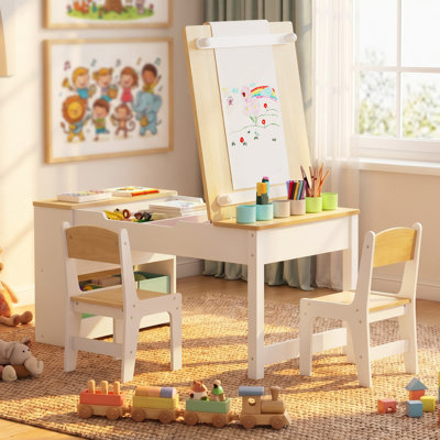 Kids Art Table and Chair Set with Lift-Top Angled Easel and Built-in Storage, Adjustable Drawing Desk for Playroom, Homeschool, and Classroom