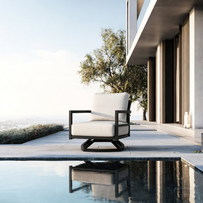 Modern Fully Welded Outdoor Lounge Chair With Swivel In Ember Black Aluminum, Boat - Base For Style And Comfort Balance, Cushion Straps Innovative Sta