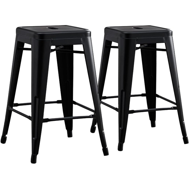 Contemporary Rustic Backless Metal Kitchen Counter Stools - 24 Inch, Set Of 2, Matte Black | Gift Idea, Matte Black