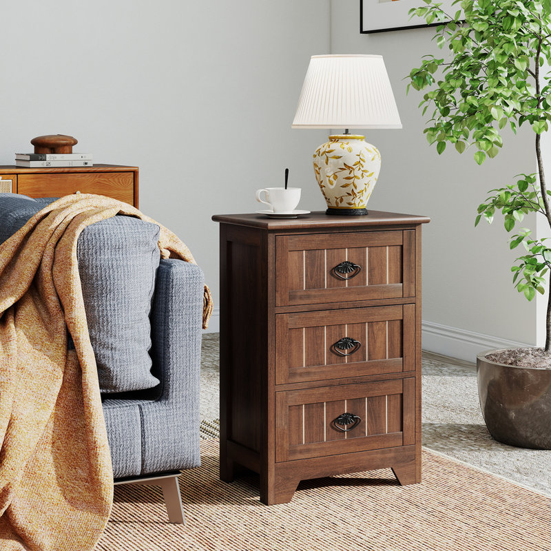Table de bout Table de chevet avec 3 tiroirs et glissade en bois, Brun, 1
