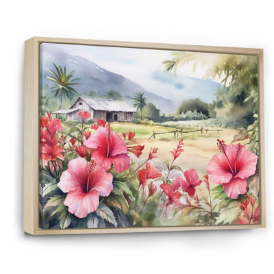 Hibiscus rose, vert, harmonie tropicale II sur toile