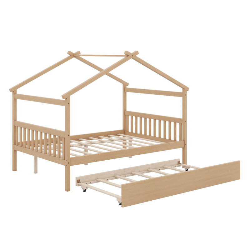 Wooden House Bed With Trundle, Natural, Full