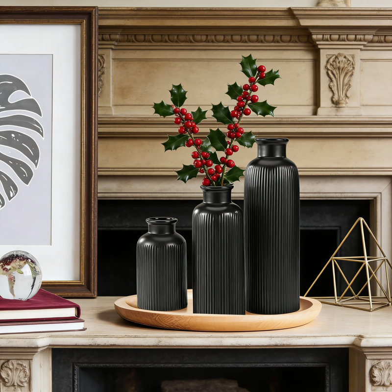 Ensemble de 3 vases en céramique noire, décorations de maison de ferme moderne Boho pour table, tablette, cuisine, salon, chambre à coucher, salle de bain et centre de table